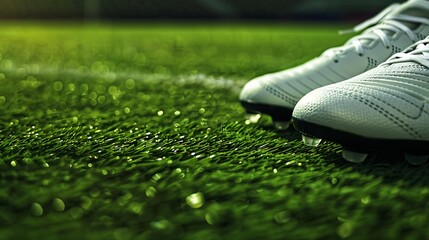 Illustration of a closeup of white soccer cleats on the vibrant green grass of a soccer field, ready for action and a competitive game under the sun