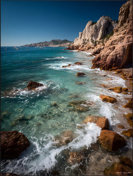 Turquoise surf combs over ochre rocks beneath sunlit limestone cliffs