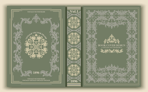 Vector. Vintage book cover with decorative ornament in rococo style. Delicate olive and cream tones create the atmosphere of an old edition and are ideal for retro projects.