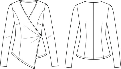 Fashion technical flat sketch of women’s asymmetrical wrap blouse with long sleeves, fitted waist, detailed seams, vector CAD drawing template