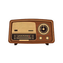 Fototapeta premium A vintage-style radio with a warm, wooden casing and a cream-colored grille stands out against a bold black background.
