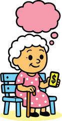 Happy cartoon elderly woman sitting on a bench, holding a phone with a dollar sign, and a thought bubble, depicting financial planning, retirement, and digital banking for seniors.