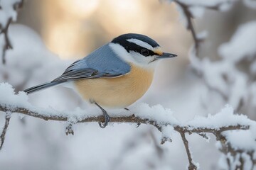 Fototapeta premium small bird with blue gray wings and orange belly perched on snow-covered branch in winter landscape