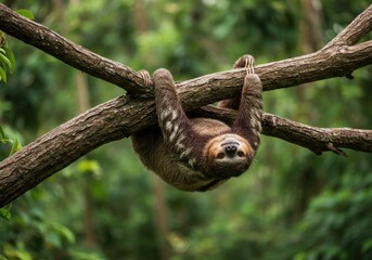 Sloth hanging upside down from tree branches in lush green forest