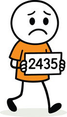 Sad stick figure character in orange jumpsuit, holding a prisoner number sign, depicting concepts of crime, punishment, arrest, and legal issues.