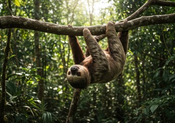 Fototapeta premium Sloth hanging upside down on a tree branch in lush green rainforest