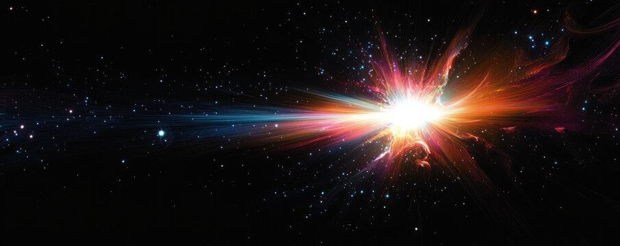 Bright cosmic explosion or energy burst in deep space with radiant colorful light beams and scattered stars on black background