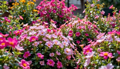 Fototapeta premium Vibrant Garden Scene with Blooming Flowers and Bright Sunlight