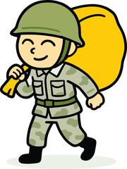 Cheerful Soldier Carrying a Large Yellow Bag, a Character Symbolizing Military Logistics, Supply, and Resolute Service.