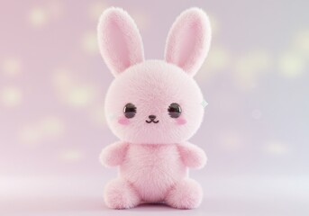 Obraz premium Soft pink plush bunny toy with large black eyes on a bokeh background