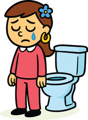 Upset Woman Crying Next to a Toilet, Depicting Sadness, Digestive Issues, or Unwell Feelings in a Bathroom Setting.