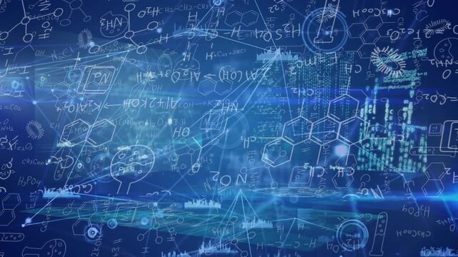 Animation of connected dots and graph icons over physics solutions and formulas