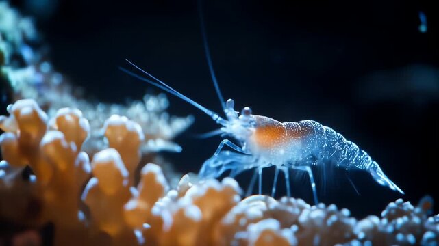 A translucent shrimp with orange markings rests on coral