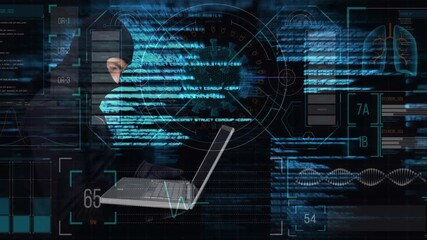 Animation of data processing over caucasian male hacker using laptop - Powered by Adobe