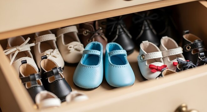 Collection of colorful baby shoes neatly organized in a wooden drawer.