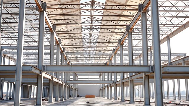 Industrial construction site with steel beams and columns, highlighting modern architectural progress.