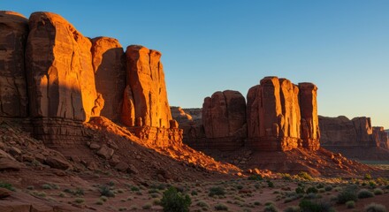 Obraz premium Majestic Desert Buttes Bathed in Fiery Golden Hour Light Under Clear Blue Sky