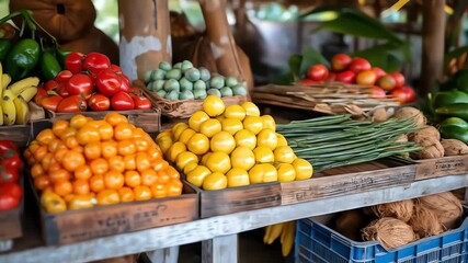 A vibrant market stall overflowing with colorful fresh produce - Powered by Adobe