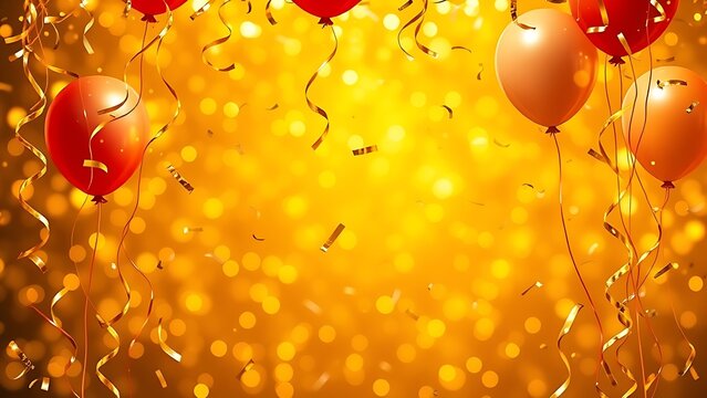 A festive golden frame filled with floating balloons and swirling confetti, capturing a lively celebration atmosphere.