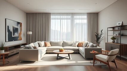 Fototapeta premium Scandinavian-inspired living space with neutral tones and abstract art, radiating modern comfort.