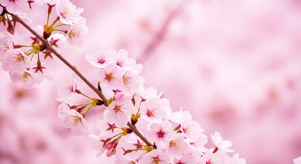 Close-up of delicate pink cherry blossoms on a branch.