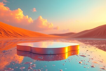 Surreal futuristic podium reflecting sunset sky in calm water landscape