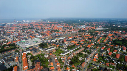 Aerial panorama of the downtown of the city Esbjerg in Denmark on a sunny summer day.