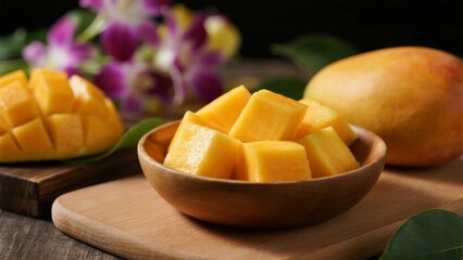 Freshly Cut Mango Slices in a Wooden Bowl with Whole Fruit and Floral Background