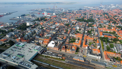 Aerial panorama of the downtown of the city Esbjerg in Denmark on a sunny summer day.
