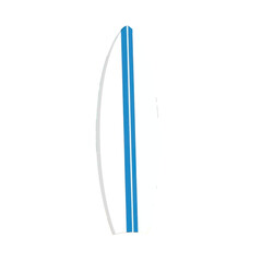 A stylized, simple surfboard design with two horizontal blue stripes against a white background, isolated against a plain black backdrop.