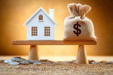 Wooden balance scale with miniature white house on one side and burlap sack with dollar sign on the other symbolizing real estate financial balance