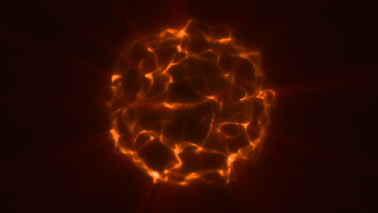 Glowing orange sphere with fiery plasma texture and radiant light emissions in a dark space
