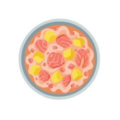Fototapeta premium Colorful illustration of a bowl of fish and vegetable stew, showcasing vibrant salmon and yellow potatoes.