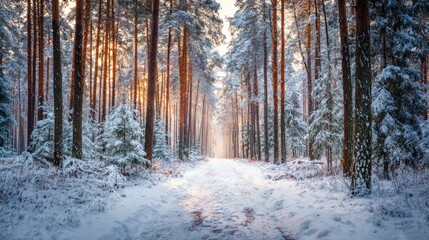 Serene Winter Forest Pathway Surrounded by Snow-Covered Trees and Soft Morning Light