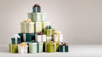 Colorful stacked gift boxes in various sizes and shades, adorned with decorative bows, arranged artistically on a neutral background, creating a festive atmosphere for celebrations and special occasio