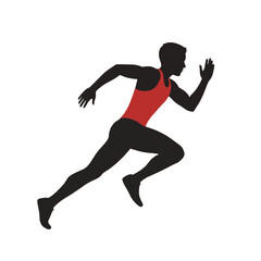 Fototapeta premium A dynamic silhouette of a runner in motion, showcasing athleticism and speed. The figure, in a vibrant red athletic suit, is set against a stark black background, emphasizing the form and action.