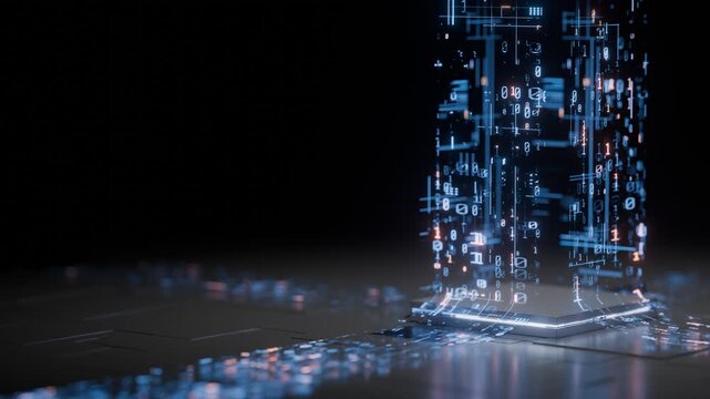 Stream of Digital Binary Code Rising from Futuristic Platform For Data Processing, Artificial Intelligence, Cybersecurity, and Blockchain Technology. Seamless loop. Created using non-AI 3d software