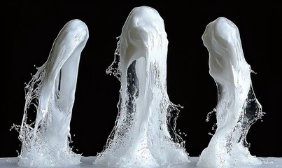 Three white liquid splashes rising against a black background, captured mid-air in dynamic, abstract flowing shapes