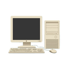 Fototapeta premium A simple illustration of a beige desktop computer system, displaying a monitor, keyboard, computer tower, and mouse.