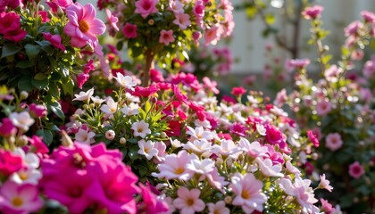 Fototapeta premium Vibrant Floral Garden with Soft Dawn Lighting