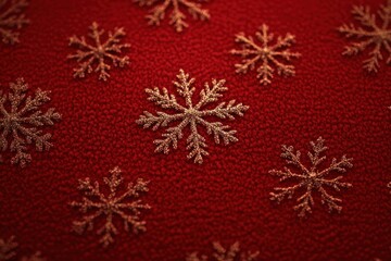 Close-up view of glittery gold snowflake patterns arranged evenly on a textured deep red background, evoking a festive and elegant holiday atmosphere