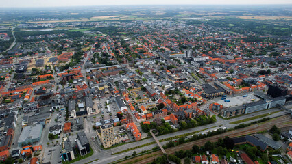 Aerial panorama of the downtown of the city Herning in Denmark on a sunny summer day.