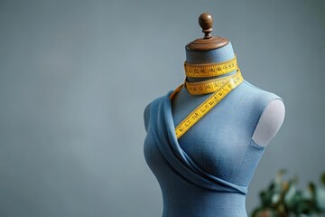 Blue dress form mannequin wrapped with a yellow measuring tape against a blurred background, symbolizing tailoring and fashion design