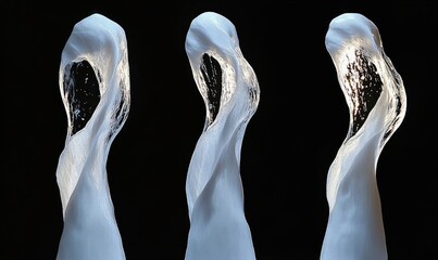 Three streams of white liquid frozen in midair with smooth curves and translucent effects against a black background conveying fluid motion and grace