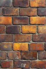 Fototapeta premium Close-up view of an aged brick wall with weathered orange and dark brown bricks showing texture and rough mortar lines