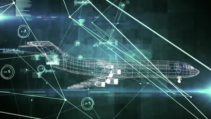 Animation of network of connections and data processing over spinning 3d airplane model - Powered by Adobe