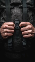 Strong grip securing backpack with durable straps in outdoor setting