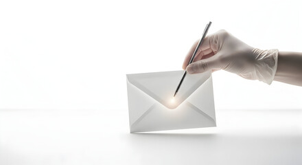 Writing Letter Pen in Hand with Glove on White Clean Background