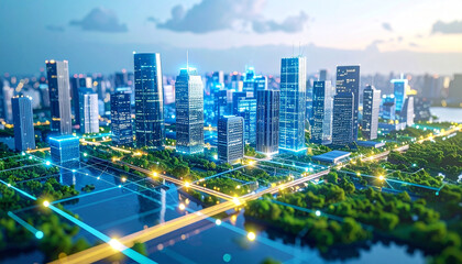 Fototapeta premium Smart City: Captivating digital rendering of an innovative cityscape. The architecture, technology, and nature seamlessly merge, representing the future of urban development.