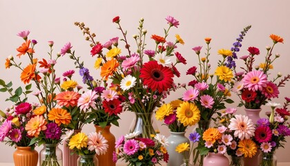 Obraz premium Colorful Floral Arrangement Diverse Vases Bright Background